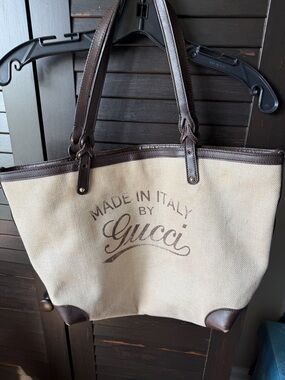 Gucci Beige Canvas Tote with Dark Brown Leather Corner